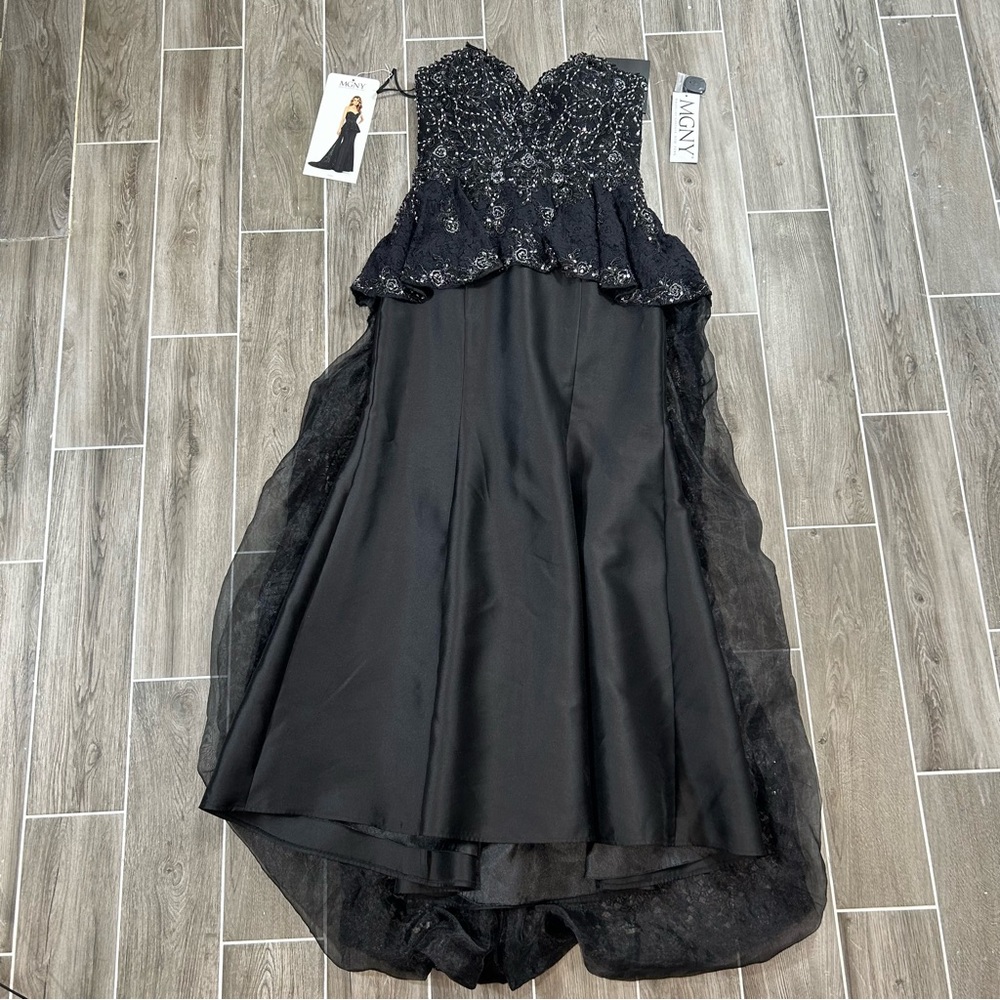 MGNY by Morilee 72101 Embroidered Size 10 Black peplum train Sample Dress W/Tag